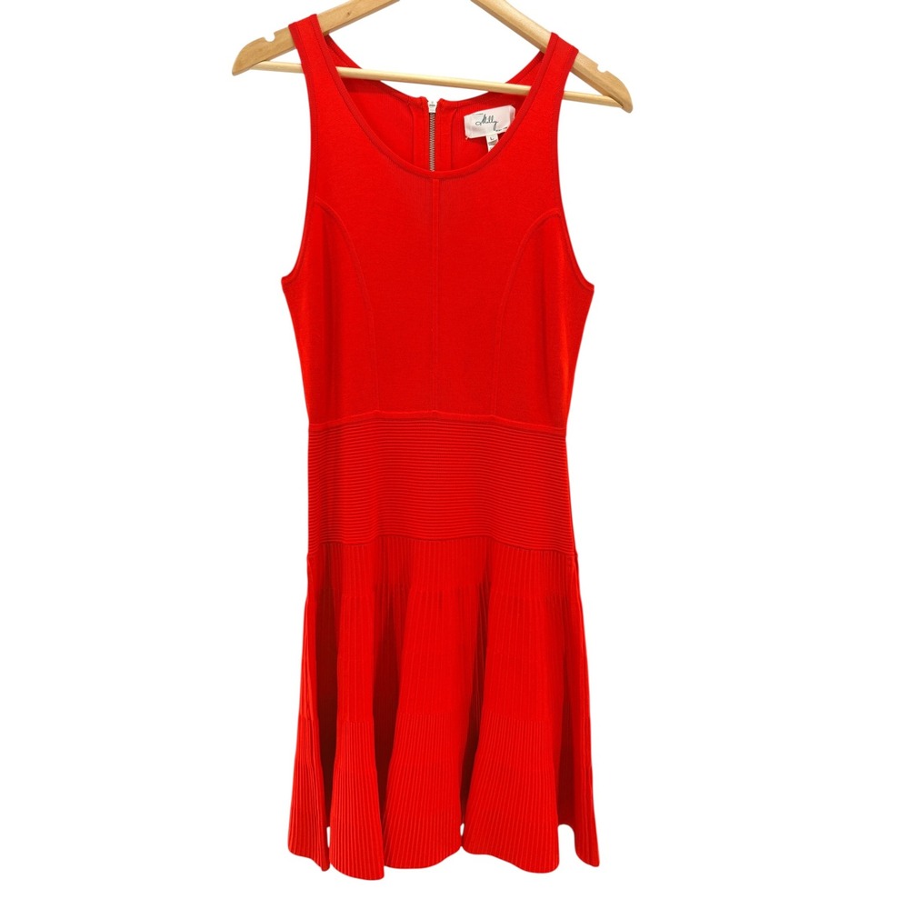 Milly Red Orange Sleeveless Fit and Flare Ribbed Knit Dress Size L Preppy Bold